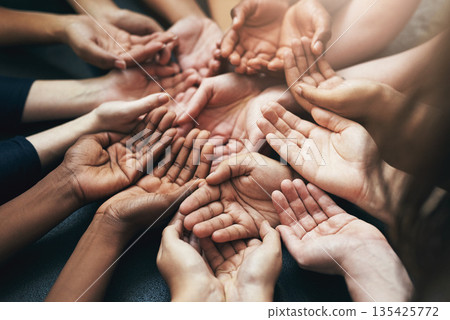 People, hands and team with circle palm for growing in a start up in a community with trust. Group, diversity and hand for a contribution in business for growth and concept of protection and care. 135425772