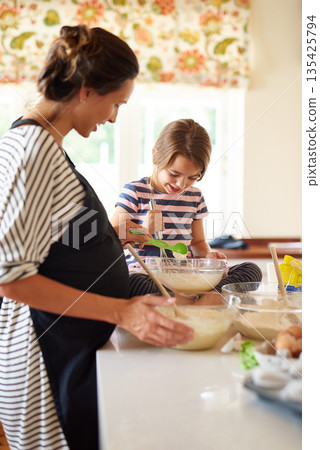 Mom, pregnant or girl baking in kitchen as a happy family with a kid learning cookies or cake recipe at home. Maternity, cooking or mother baker helping or teaching child to bake for development Mom, pregnant or girl baking in kitchen as a happy family with a kid learning cookies or cake recipe at home. Maternity, cooking or mother baker helping or teaching child to bake for development 135425794