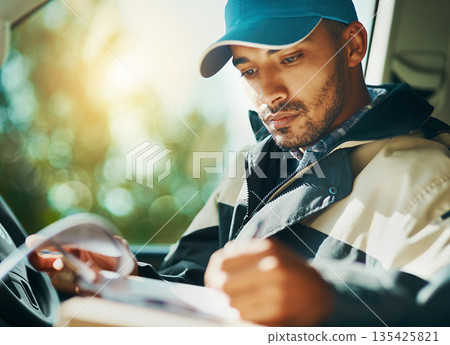 Writing, delivery and checklist with man in van for courier, logistics and shipping. Ecommerce, export and distribution with male postman in vehicle for mail, package and cargo shipment 135425821