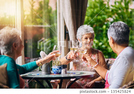 Cheers, wine glasses and senior women or friends in retirement, reunion or social celebration, success and happy. Champagne, celebrate and elderly people or customer toast, restaurant and hospitality Cheers, wine glasses and senior women or friends in retirement, reunion or social celebration, success and happy. Champagne, celebrate and elderly people or customer toast, restaurant and hospitality 135425824