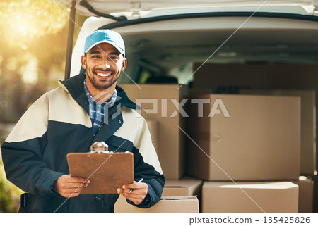 Happy, delivery and checklist with portrait of man for courier, logistics and shipping. Ecommerce, export and distribution service with male postman by van for mail, package and cargo shipment Happy, delivery and checklist with portrait of man for courier, logistics and shipping. Ecommerce, export and distribution service with male postman by van for mail, package and cargo shipment 135425826
