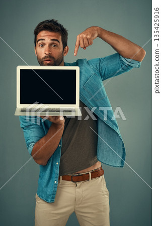 Man, laptop and pointing on mockup screen for advertising or marketing against a grey studio background. Portrait of a male person showing computer display, mock up and tech space for advertisement Man, laptop and pointing on mockup screen for advertising or marketing against a grey studio background. Portrait of a male person showing computer display, mock up and tech space for advertisement 135425916