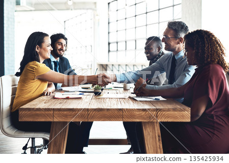 Business people, handshake and staff deal in meeting with agreement and contract collaboration. Partnership, success and b2b work with shaking hands to welcome and show congratulations from teamwork 135425934