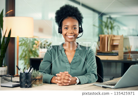 Black woman, portrait and smile in call center for business, customer service or telemarketing in office. Contact us, face and African female sales agent, support consultant or professional at night. 135425971