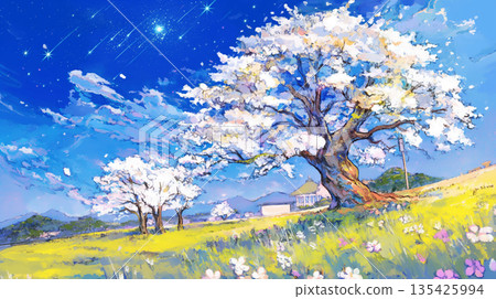 Beautiful night cherry blossoms, fantastic scenery. Fantastic night cherry blossom background illustration. Beautiful night cherry blossoms, fantastic scenery. Fantastic night cherry blossom background illustration. 135425994
