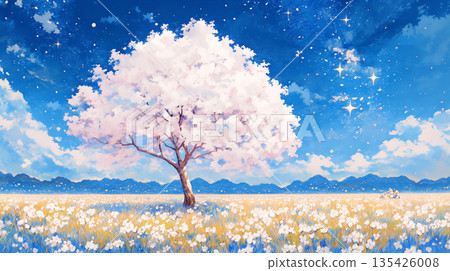 美麗的夜櫻，絕美的景色。夢幻般的夜櫻背景插圖。 135426008