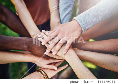 Teamwork, hands and above friends outdoor for partnership, collaboration and goal motivation. Team building, top view and person with fingers in support of mission, strategy and community with trust 135426014