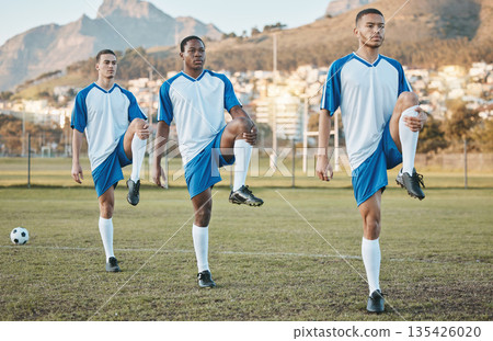 Soccer, sports and team stretching legs on a field for fitness, exercise and training outdoor. Football ball, pitch and club of athlete men together for sport competition, diversity or muscle warm up 135426020