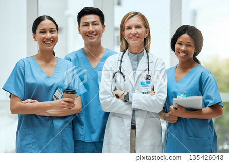 Portrait, medical and a woman doctor arms crossed, standing with her team in the hospital for healthcare. Leadership, health and teamwork with a female medicine professional in a clinic for treatment 135426048