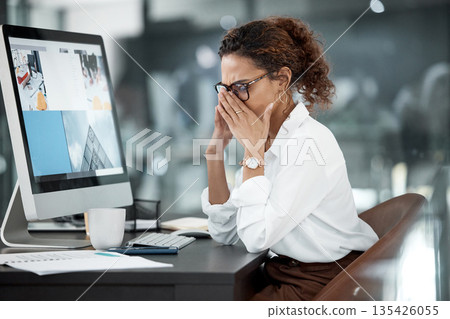 Business woman with headache, stress with pain and mental health with professional crisis and fatigue at office. Problem in workplace, fail and female employee is frustrated with migraine and burnout Business woman with headache, stress with pain and mental health with professional crisis and fatigue at office. Problem in workplace, fail and female employee is frustrated with migraine and burnout 135426055