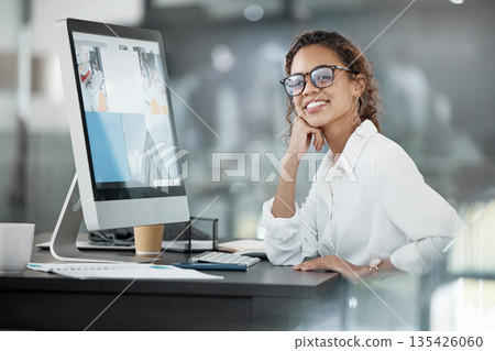 Happy woman at desk, computer screen with web design, portrait and website layout at digital marketing agency. Female creative with smile, working with technology and SEO with research at startup 135426060