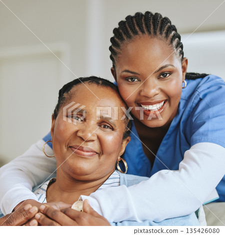 Senior patient, nurse woman and hug portrait for support, healthcare and happiness at retirement home. Face of black person and caregiver together for elderly care and help for health and wellness Senior patient, nurse woman and hug portrait for support, healthcare and happiness at retirement home. Face of black person and caregiver together for elderly care and help for health and wellness 135426080