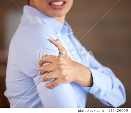 Professional woman with shoulder pain, hand on injury and closeup with medical problem, muscle tension and hurt. Health, wellness and tired joint, female worker with healthcare issue and inflammation Professional woman with shoulder pain, hand on injury and closeup with medical problem, muscle tension and hurt. Health, wellness and tired joint, female worker with healthcare issue and inflammation 135426099