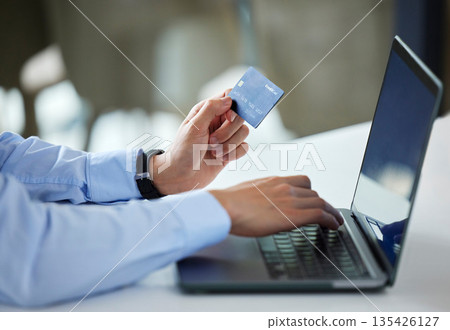 Credit card, laptop and business person hands of online shopping, financial payment and banking or loan in office. Professional people typing numbers on computer, digital registration, web or fintech 135426127