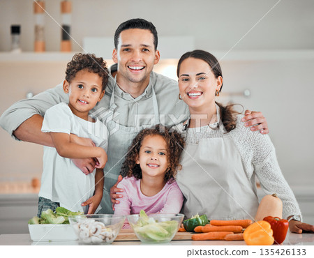 Cooking, smile and portrait of family in kitchen for health, nutrition and food. Diet, vegetables and dinner with parents and children with meal prep at home for wellness, organic salad and learning 135426133