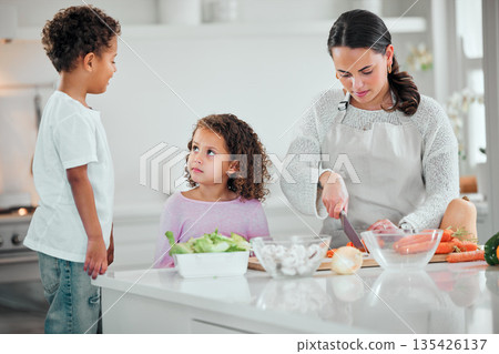 Cooking, help and food with family in kitchen for health, nutrition and support. Diet, vegetables and dinner with mother and children with meal prep at home for wellness, organic salad and learning Cooking, help and food with family in kitchen for health, nutrition and support. Diet, vegetables and dinner with mother and children with meal prep at home for wellness, organic salad and learning 135426137