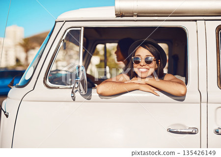 Woman, van and road trip or happiness window, friends and fun adventure for summer vacation together in transport. Travel, holiday and smile for journey on weekend break, driving and relax in vehicle 135426149