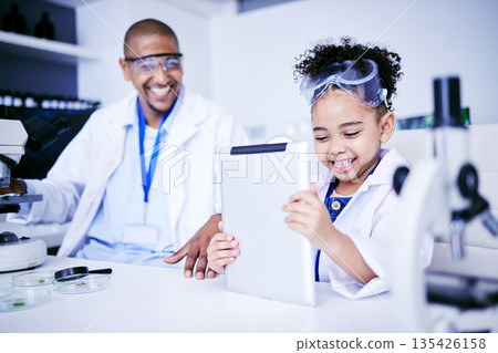Chemistry, tablet and father with child in laboratory for medical research, science and education. Healthcare, medicine and scientist dad with girl on digital tech for knowledge, learning and school 135426158