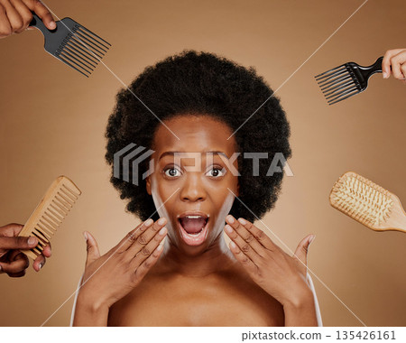 Portrait, wow and hands in a salon with a black woman in studio on a brown background for beauty or cosmetics. Face, afro and hair with a young female person looking surprised at natural care options Portrait, wow and hands in a salon with a black woman in studio on a brown background for beauty or cosmetics. Face, afro and hair with a young female person looking surprised at natural care options 135426161
