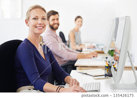 Portrait, happy and woman, creative designer or employee in startup company. Face, entrepreneur and web design professional with pride for business career, job or success mindset for office coworking Portrait, happy and woman, creative designer or employee in startup company. Face, entrepreneur and web design professional with pride for business career, job or success mindset for office coworking 135426175