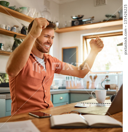 Man, fist and celebration on laptop for success, good news or winning in bonus promotion on table at home. Happy male person or freelancer in joy for victory, sale or discount in lottery or prize Man, fist and celebration on laptop for success, good news or winning in bonus promotion on table at home. Happy male person or freelancer in joy for victory, sale or discount in lottery or prize 135426225