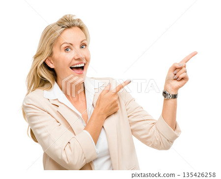Portrait, happy and mature woman with hand pointing in studio to wow deal, promo or information on white background. Face, omg and female with timeline, checklist and menu steps, offer or platform Portrait, happy and mature woman with hand pointing in studio to wow deal, promo or information on white background. Face, omg and female with timeline, checklist and menu steps, offer or platform 135426258
