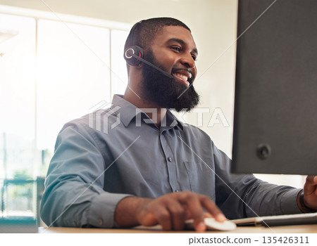 Man, computer and call center for happy communication, sales advisor and customer support in e commerce. Agency worker, telecom and african person with virtual chat, helping or web contact on desktop Man, computer and call center for happy communication, sales advisor and customer support in e commerce. Agency worker, telecom and african person with virtual chat, helping or web contact on desktop 135426311