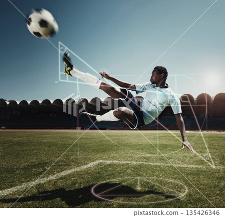 Jumping man, soccer and graph on sports field with glowing, hologram and ai generated effect for kicking action. African athlete, kick and football player with ball, chart and graphic analysis Jumping man, soccer and graph on sports field with glowing, hologram and ai generated effect for kicking action. African athlete, kick and football player with ball, chart and graphic analysis 135426346