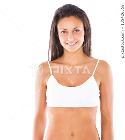Woman, healthy body and underwear in studio portrait for wellness, beauty or youth by white background. Isolated young model, girl and lingerie with smile, health or aesthetic with happiness backdrop 135426358