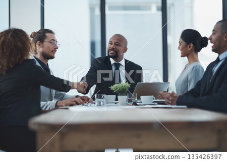 Business meeting, shaking hands people or manager partnership, lawyer agreement and thank you, success or deal. Corporate woman, clients or employees handshake for thanks, negotiation and law firm Business meeting, shaking hands people or manager partnership, lawyer agreement and thank you, success or deal. Corporate woman, clients or employees handshake for thanks, negotiation and law firm 135426397