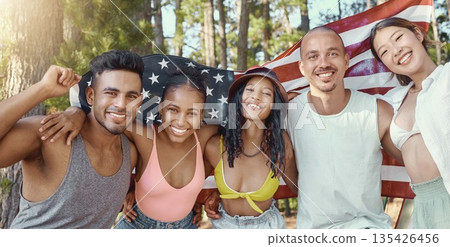 American flag, portrait and friends smile outdoor for independence day celebration, freedom and liberty. USA, banner and group of people, men and women in nature, woods or forest for camping together American flag, portrait and friends smile outdoor for independence day celebration, freedom and liberty. USA, banner and group of people, men and women in nature, woods or forest for camping together 135426456