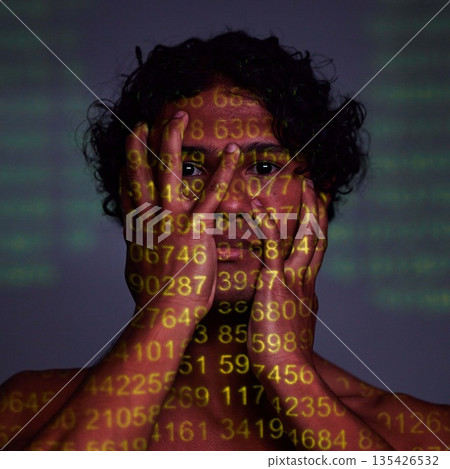 Portrait, beauty and code for facial recognition, genetic splicing or ai technology with a man on a dark background in studio. Face, skincare and numbers with a cyborg or android becoming self aware Portrait, beauty and code for facial recognition, genetic splicing or ai technology with a man on a dark background in studio. Face, skincare and numbers with a cyborg or android becoming self aware 135426532