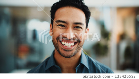 Journalist, portrait or man in agency with smile, experience or pride in media job. Happy, bokeh or male person in newsroom with confidence, about us or career growth in publishing industry. 135426552