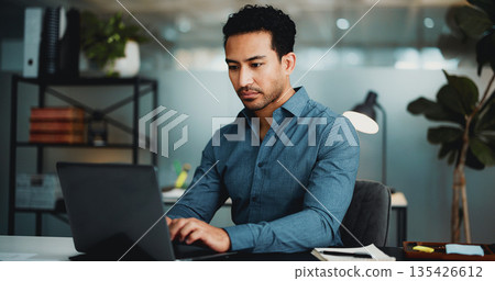 Typing, laptop and planning with business man in office for research, account review and investor report. Risk analysis, portfolio budget and online audit with person in agency for stock evaluation 135426612