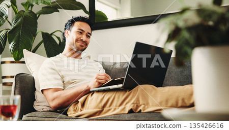 Happy, freelancer and man with laptop, home and proofreading article on couch and fact check on web. Review, draft and reporter with tech for story, remote work and preparing for publication in house Happy, freelancer and man with laptop, home and proofreading article on couch and fact check on web. Review, draft and reporter with tech for story, remote work and preparing for publication in house 135426616