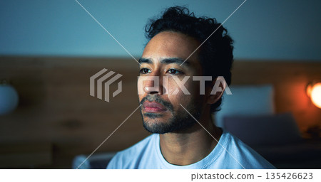 Thinking, man and insomnia in bedroom, night and stress for job loss, space or mental health in home. Unhappy, reflection and anxiety for unemployment and person with depression for financial crisis 135426623