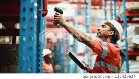 Logistics, tablet and scan with man in warehouse for quality assurance, cargo and shipping. Inventory manager, online inspection checklist and distribution with person in factory for delivery report Logistics, tablet and scan with man in warehouse for quality assurance, cargo and shipping. Inventory manager, online inspection checklist and distribution with person in factory for delivery report 135426624