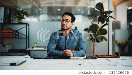 Businessman, thinking or planning in office with idea for data analysis, financial insight or decision. Analyst, person and reflection in workplace with finance statistics, problem solving or vision. Businessman, thinking or planning in office with idea for data analysis, financial insight or decision. Analyst, person and reflection in workplace with finance statistics, problem solving or vision. 135426626