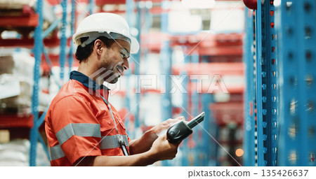 Tablet, cargo and scanner with man in warehouse for delivery procurement, inventory management in logistics. Distribution manager, online shipping checklist and export process with person in factory Tablet, cargo and scanner with man in warehouse for delivery procurement, inventory management in logistics. Distribution manager, online shipping checklist and export process with person in factory 135426637