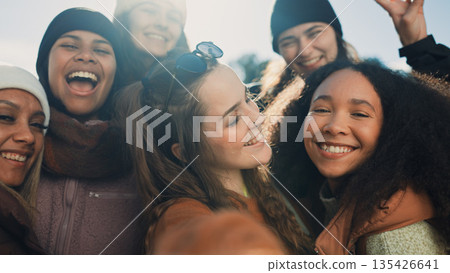 Friends, selfie and happy in nature, camping or hiking for social media memory, travel and photography. Adventure, winter and camper people bond outdoor, smile in picture with freedom and diversity Friends, selfie and happy in nature, camping or hiking for social media memory, travel and photography. Adventure, winter and camper people bond outdoor, smile in picture with freedom and diversity 135426641