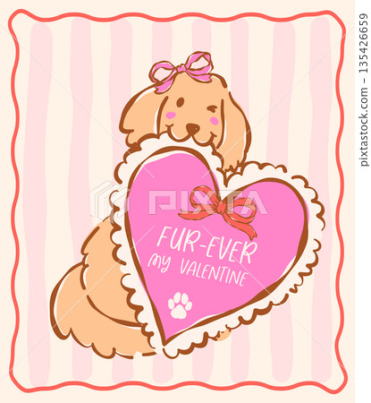 Whimsical golden retriever dog valentine hand drawn with heart ruffled coquette retro pastel illustration, idea for greeting card Whimsical golden retriever dog valentine hand drawn with heart ruffled coquette retro pastel illustration, idea for greeting card 135426659