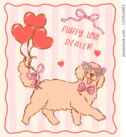 Whimsical golden retriever dog valentine wear heart glasses with heart balloons hand drawn coquette retro pastel illustration Whimsical golden retriever dog valentine wear heart glasses with heart balloons hand drawn coquette retro pastel illustration 135426663