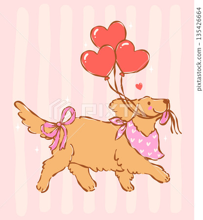 Whimsical golden retriever dog valentine with heart balloons and bandana hand drawn coquette retro pastel illustration, Whimsical golden retriever dog valentine with heart balloons and bandana hand drawn coquette retro pastel illustration, 135426664