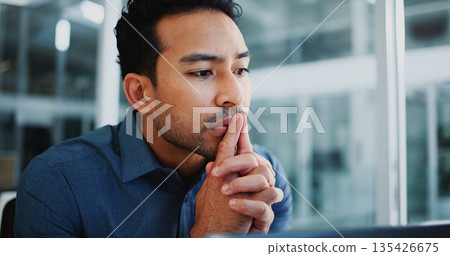 Thinking, man and research with laptop, office and financial planning for annual budget and ambition. Business, accountant and person with tech for risk management, space and reflection for revenue 135426675