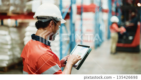 Shipping, tablet and chart with man in warehouse for inspection graph cargo storage or freight. Supply chain inventory, distribution data and online export report with employee in factory for review 135426698