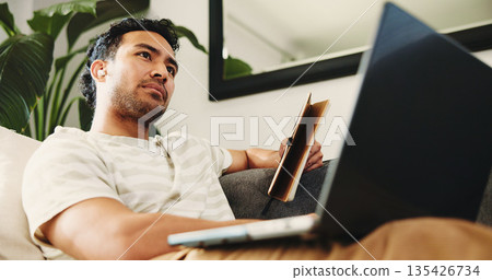 Freelancer, thinking and man with laptop, home and planning for article with notebook in living room. Creative, below and journalist with tech for story, remote work and preparing for publication Freelancer, thinking and man with laptop, home and planning for article with notebook in living room. Creative, below and journalist with tech for story, remote work and preparing for publication 135426734