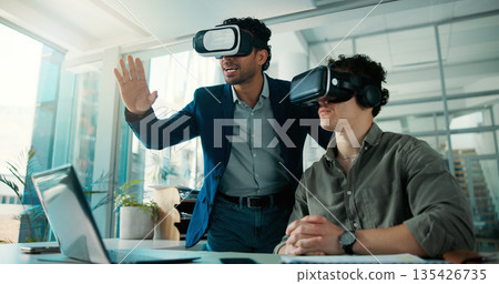 Business, people and meeting with vr headset in office for training, simulation and developer. Men, demonstration and virtual reality tech for interactive design, app development and user experience Business, people and meeting with vr headset in office for training, simulation and developer. Men, demonstration and virtual reality tech for interactive design, app development and user experience 135426735