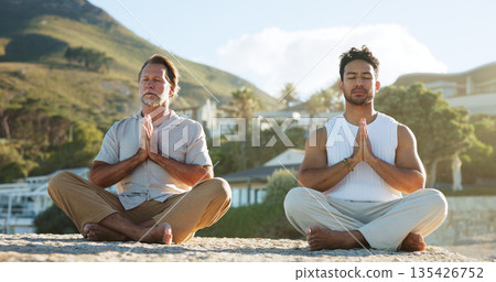 Beach, yoga and men with prayer hands, meditation and nature for health benefits. Outdoor, people and yogi with balance, zen and chakra with routine, hobby and spiritual wellbeing with mudra on sand 135426752
