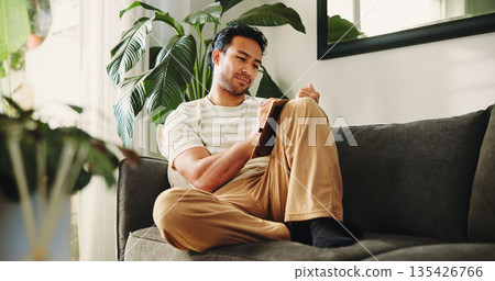 Man, journal and writing on sofa in house, daily reflection or idea notes to relax for creativity. Person, notebook for planning or sketching with agenda in diary, to do list or goal setting in home 135426766