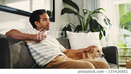 Home, man and dog on sofa, watching tv and entertainment with animal care, relax and remote. Apartment, pet owner and person on couch, weekend break and streaming channel with movie in living room 135426801